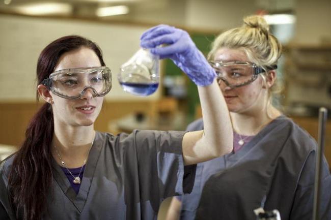 两个女学生在实验室里看着一个装满紫色液体的烧杯